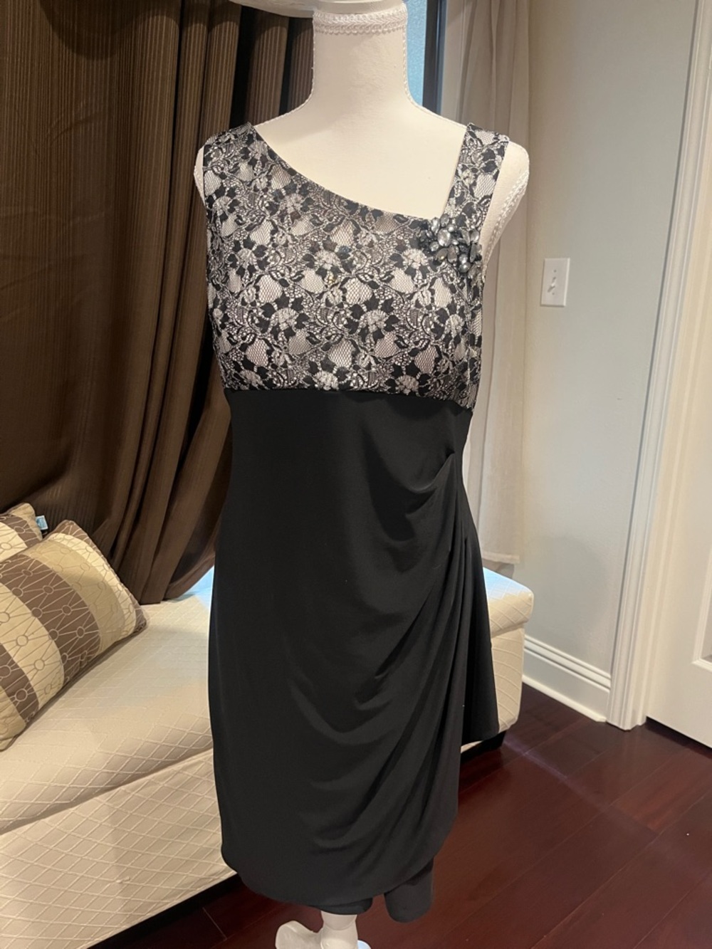 Xscape Black Lace One-Shoulder Cocktail Dress